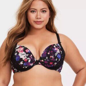 Torrid Floral Lace Bra 44C Black Purple Rose Print Push Up Underwire Y2K Lingeri